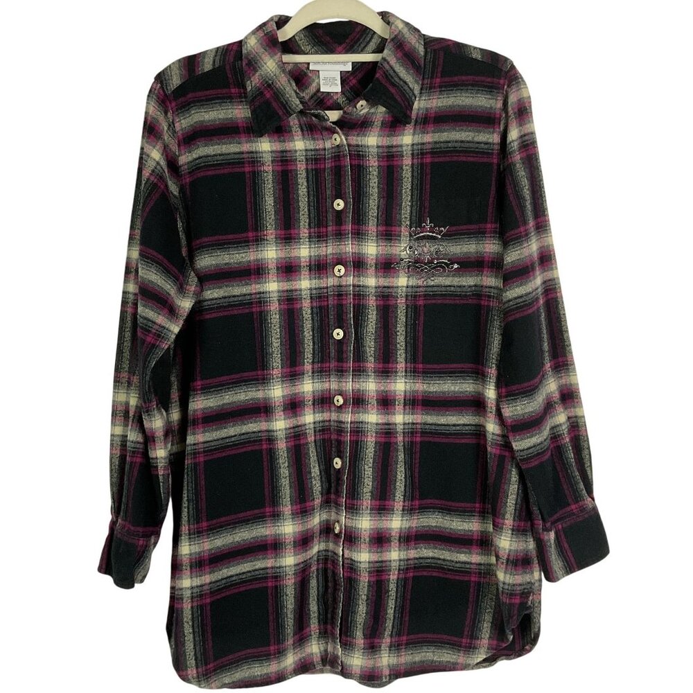 Soft Surroundings Highlands Plaid Flannel Tunic Button Front Shirt, Medium
